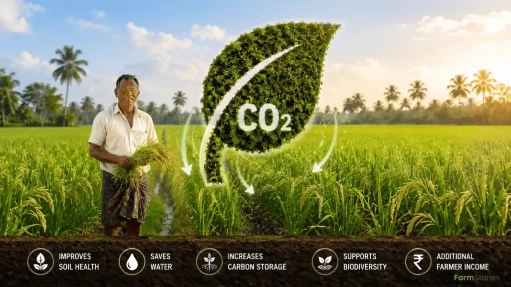Carbon Farming in India farmers standing in a paddy field illustrating carbon farming practices, soil carbon storage, sustainable agriculture, water conservation, and carbon credit opportunities in India.
