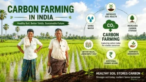 Carbon Farming in India: Complete Guide to Carbon Credits, Regenerative Agriculture, and Farmer Income Carbon Farming in India farmers standing in a paddy field illustrating carbon farming practices, soil carbon storage, sustainable agriculture, water conservation, and carbon credit opportunities in India.