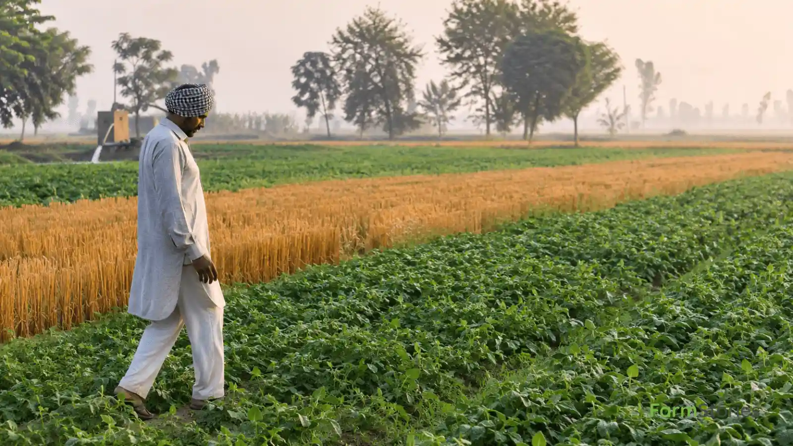 Indian farmer walking through a field showing crop rotation between wheat stubble and moong bean seedlings in Punjab, early morning light.