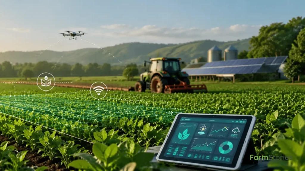 Precision Agriculture in India with AI-powered sensors, drones, smart irrigation, and digital farming technologies in a modern Indian crop field